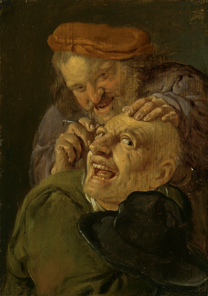 Känsla: En frisör som behandlar en man. Från serien Personifications of the Five Senses, c.1635-66 (olja på trä) av Petrus Staverenus