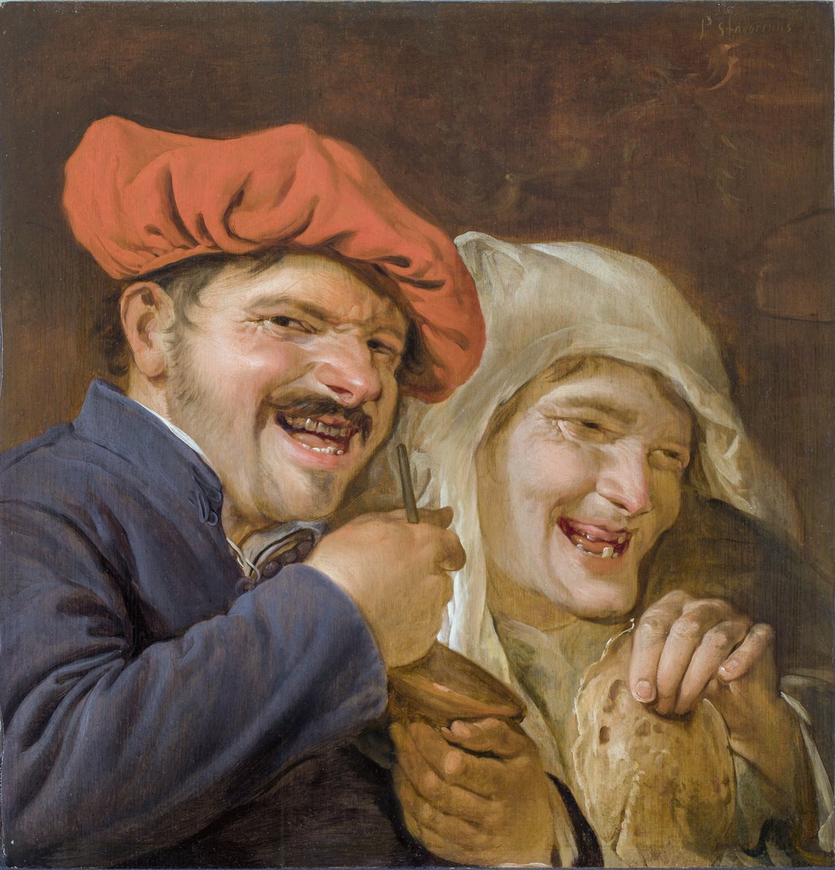 Rommelpot Player (friktionstrumma) - Rommelpot Player av Staverenus, Petrus (aktiv 1634-1654). olja på trä av Petrus Staverenus