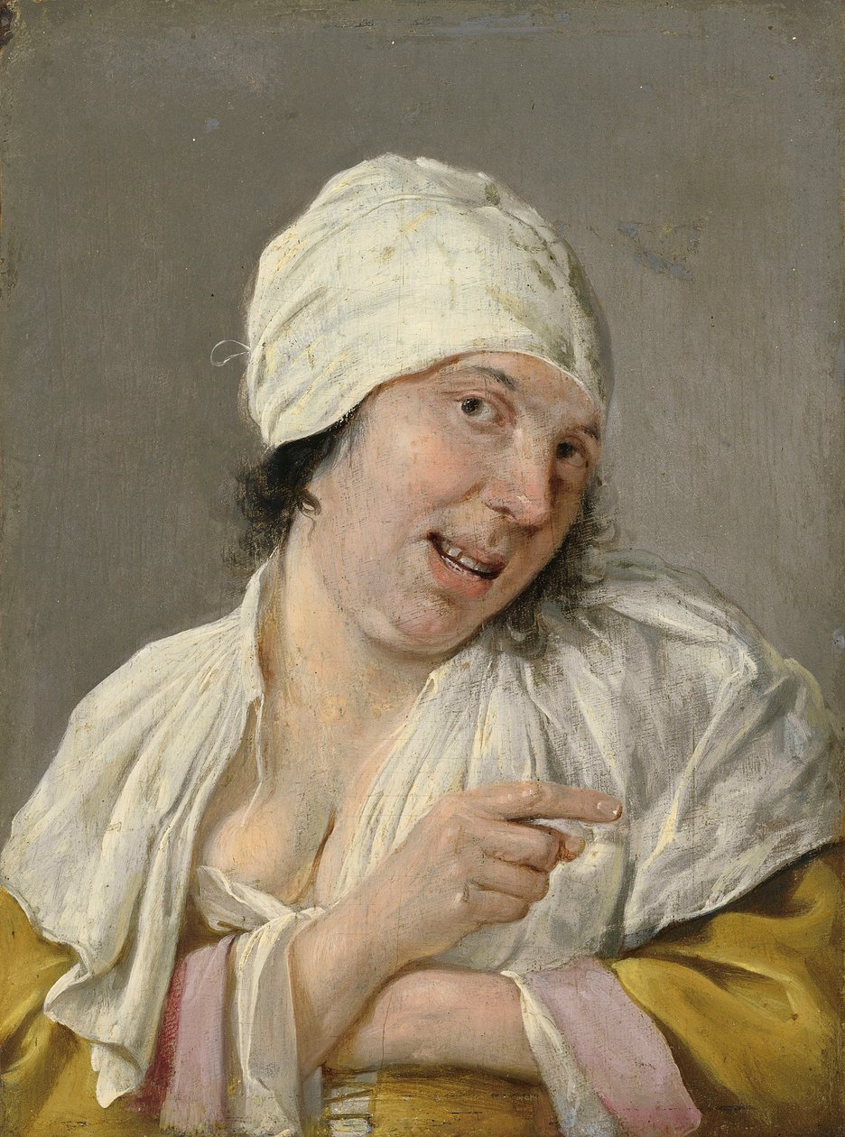 Syn: En ung kvinna pekar. Från serien Personifications of the Five Senses, c.1635-66 (olja på trä) av Petrus Staverenus