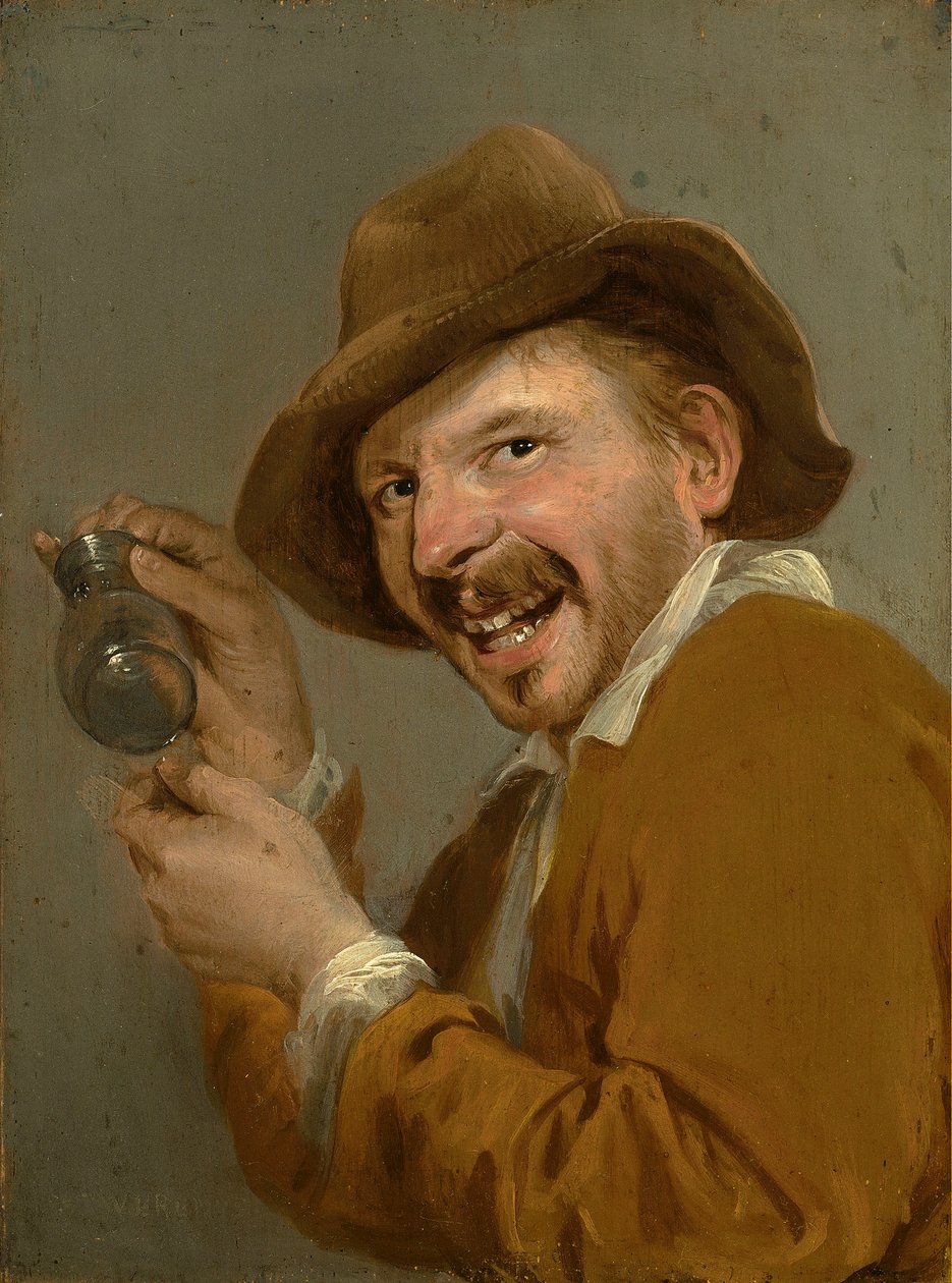 Smak: En skrattande man med ett uppåtvänt glas. Från serien Personifications of the Five Senses, c.1635-66 (olja på trä) av Petrus Staverenus