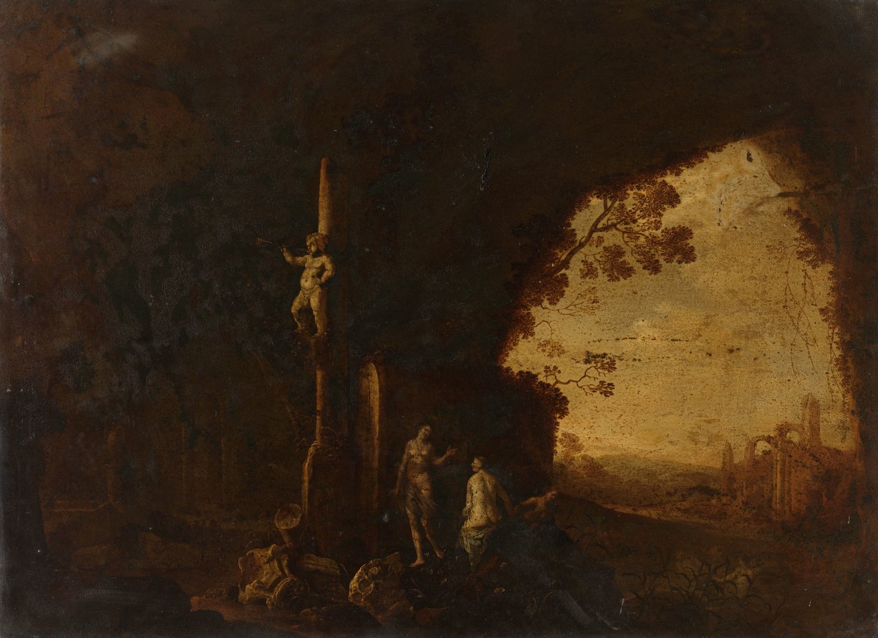 Nymfer i en grotta med antika ruiner av Petrus van Hattich