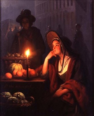 Market Stall at Night (olja på panel) av Petrus van Schendel