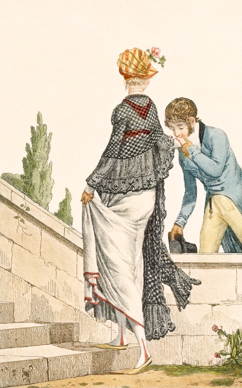 Elegant dam promenadklänning med rutig cape, 1789, illustration från 