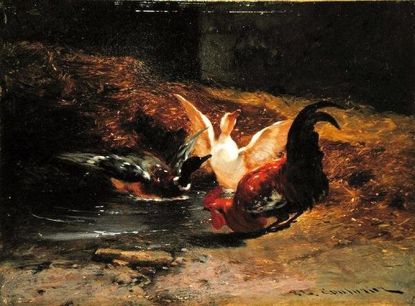 Höns med två ankor (olja på duk) av Philibert Leon Couturier