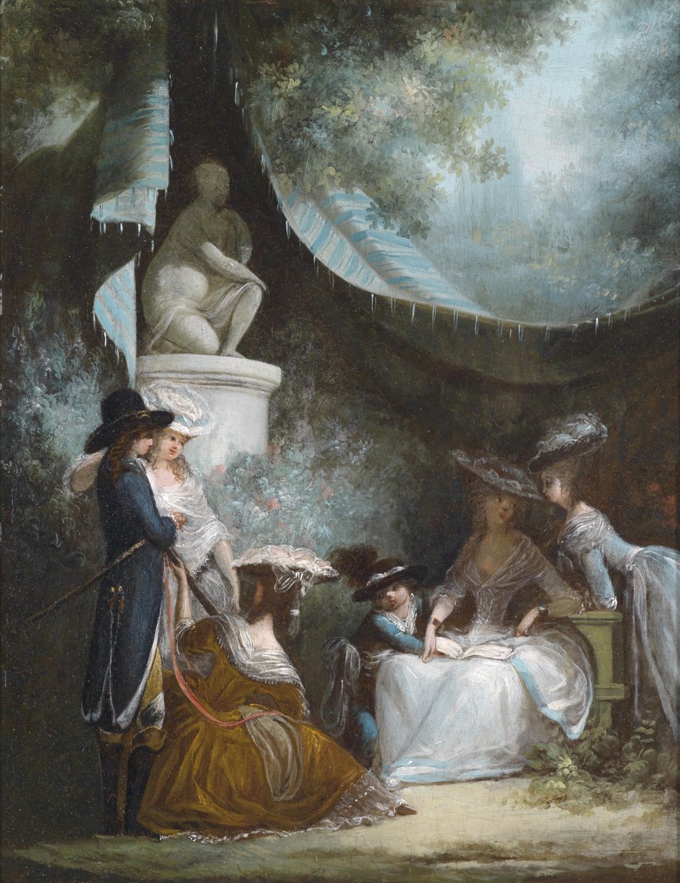 Utomhus scen av man, pojke och kvinnor klädda i ca. 1780 -talets klädstilar av Philibert Louis Debucourt