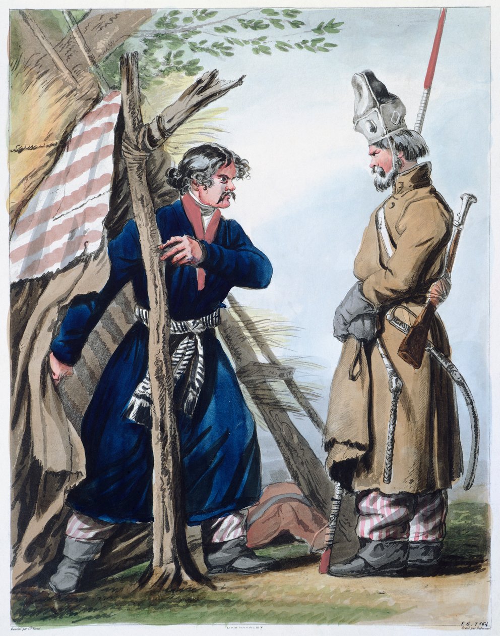 Bivackkosack, av Louis-Philibert Debucourt Ryssland 1700-talstryck av Philibert Louis Debucourt