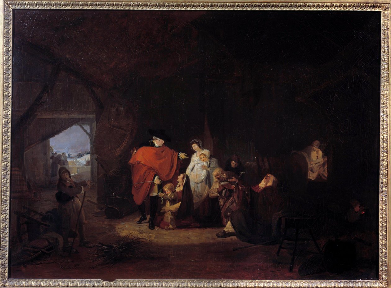 Mänsklighetsdrag hos Ludvig XVI: vintern 1784 ger kungen almonen till invånarna i Versailles Målning av Louis Philibert Debucourt (1755-1832) 1785 Sön. 0,61x0,83 m av Philibert Louis Debucourt
