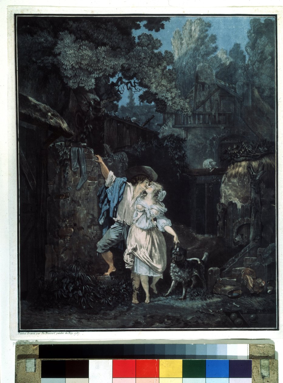 ""Farväl morgon"" (Farväl morgon) Ett par går tidigt på morgonen. Litografi av Philibert Louis Debucourt (1755-1832) 1787 Pushkin Museum Moskva av Philibert Louis Debucourt