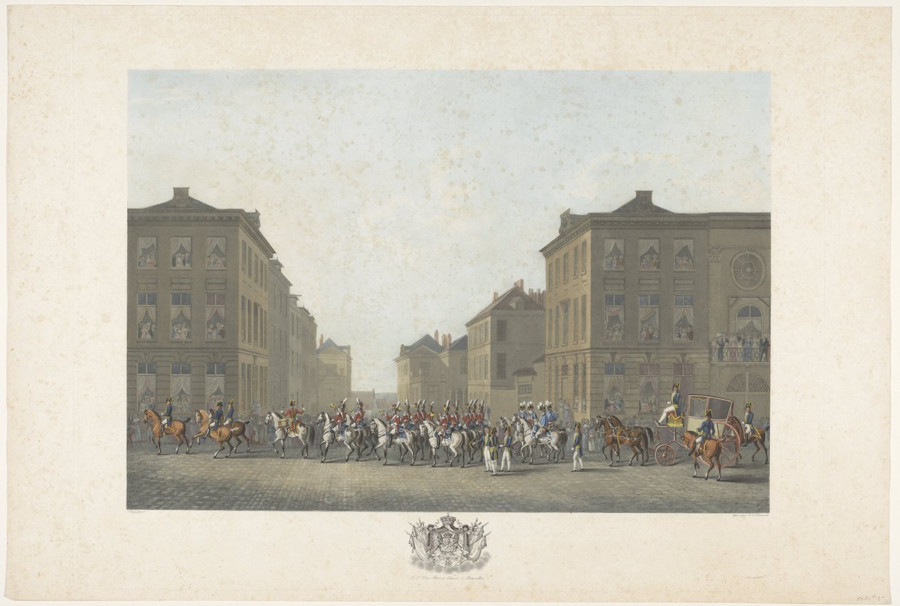 Band vid invigningen av William I i Bryssel den 21 september 1815 Tolv skyltar av William I:s ankomst och invigning i Bryssel och striderna vid Quatre-Bras och Waterloo 1815 (serietitel) av Philibert Louis Debucourt