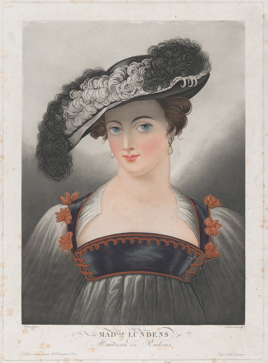 Porträtt av Susanna Lunden, iklädd bredbrättad hatt med fjädrar, ca. 1809-35.. av Philibert Louis Debucourt