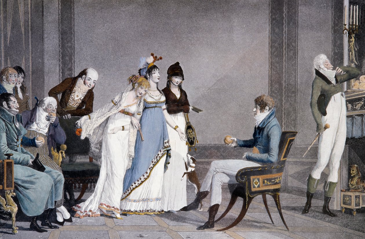 The Orange, av Louis-Philibert Debucourt (1755-1832), akvatint, scen med etruskiskt inspirerade möbler i Directoire-stil, Frankrike av Philibert Louis Debucourt