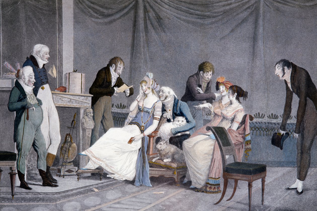 Besöken, av Louis-Philibert Debucourt (1755-1832), akvatint, scen med etruskiskt inspirerade möbler i Directoire-stil, Frankrike av Philibert Louis Debucourt