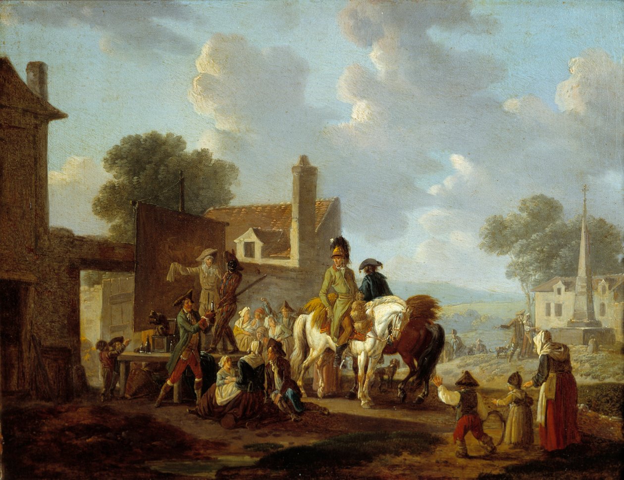 Bybor och ryttare tittar på pantomimteatern på gatorna i en by. Målning av Louis Philibert Debucourt (1755-1832) 1700-talets sön. 0,24x0,31 m av Philibert Louis Debucourt