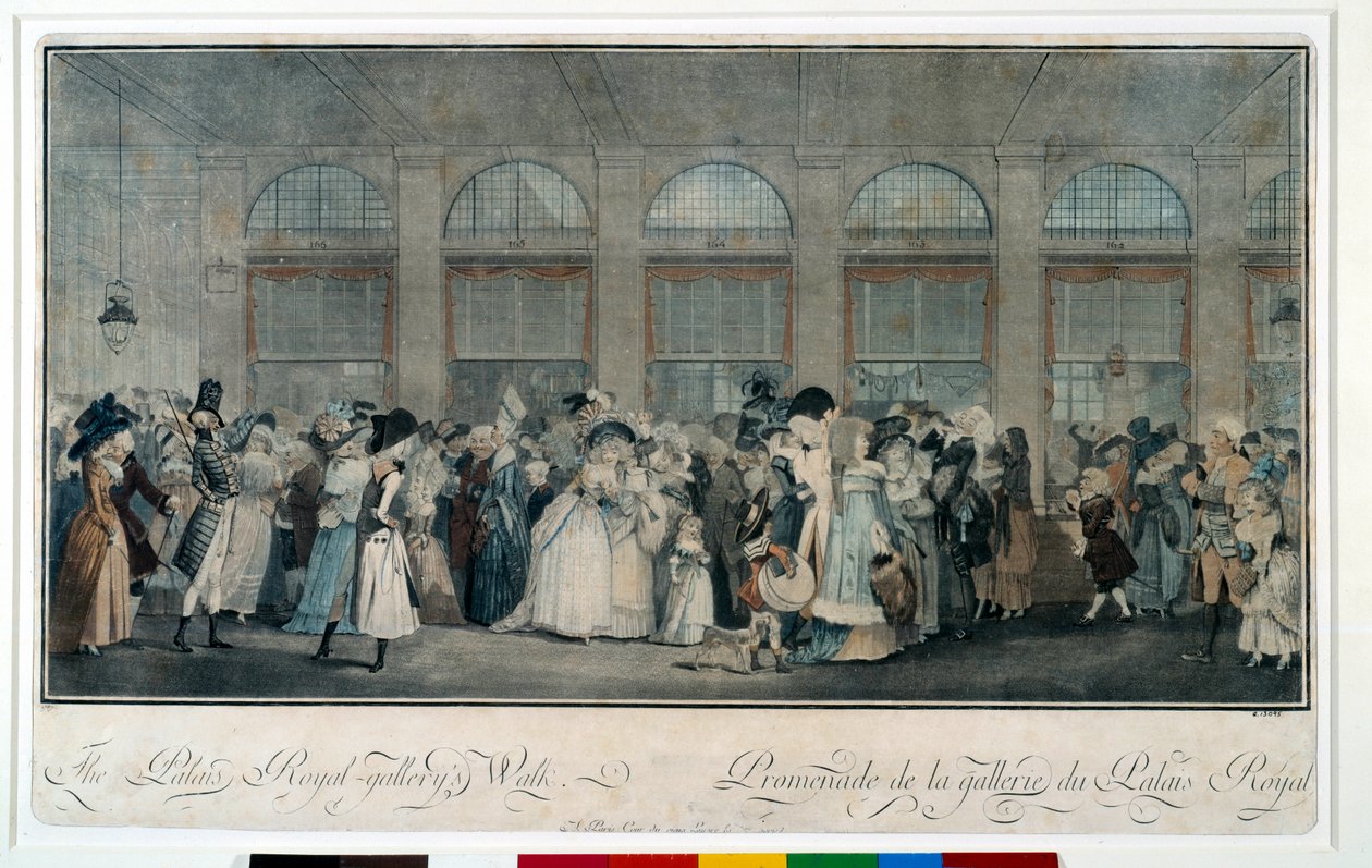 Gå genom galleriet i det kungliga palatset 1787. Gravyr av Louis Philibert Debucourt (1755 - 1832) av Philibert Louis Debucourt