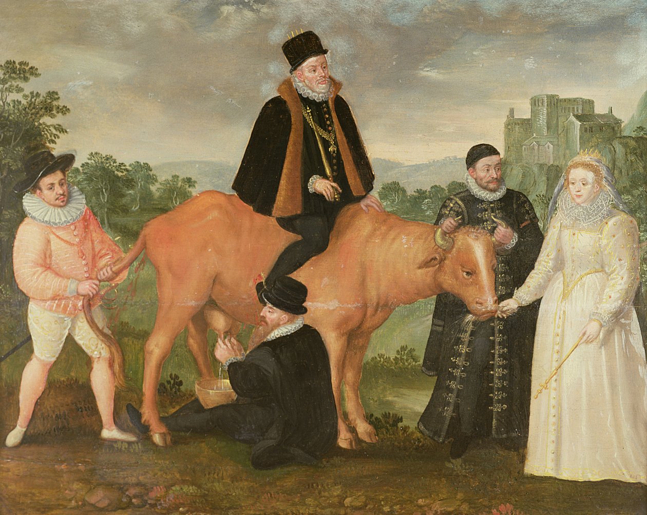 Porträtt av Filip II (på en ko), hertigen av Alencon, hertigen av Alba, Vilhelm av Oranien och drottning Elizabeth I. av Philip Moro
