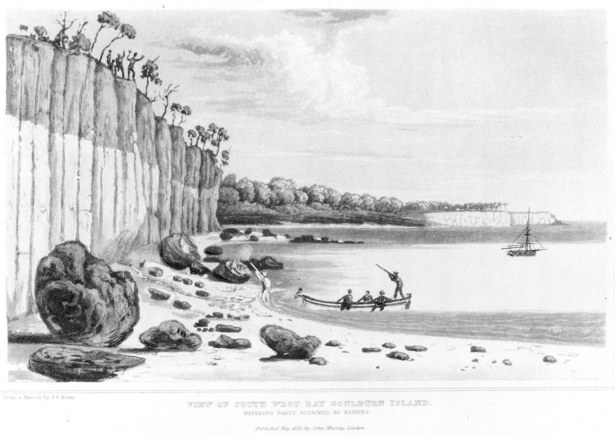 Watering Party Attacked by Natives in South-West Bay, Goulburn Island, från "Narrative of a Survey of the Intertropical and Western Coasts of Australia" av P.P. kung, 1827 av Philip Parker King