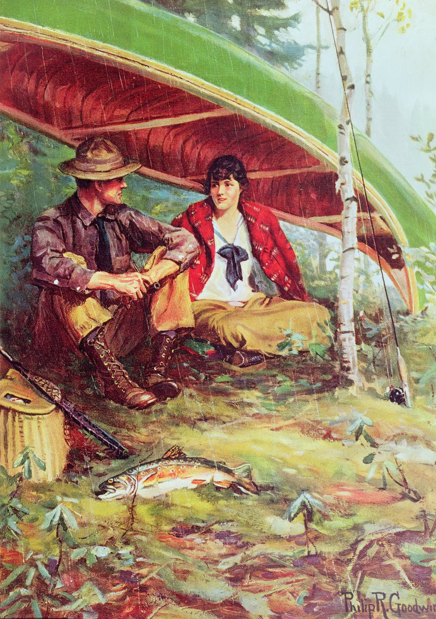 Par som tar skydd från regnet under en båt av Philip Russell Goodwin
