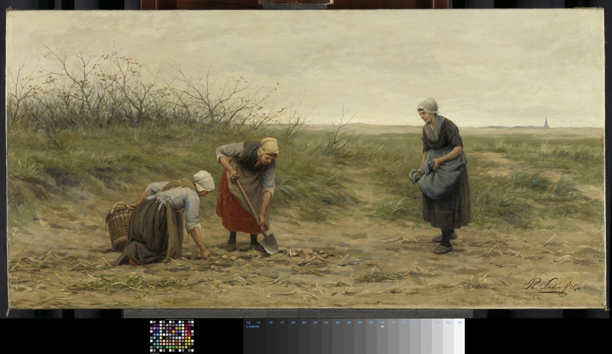 Scheveningse vrouwen bij het nalezen van een gerooid aardappelveld.  av Philip Lodewijk Jacob Frederick Sadee