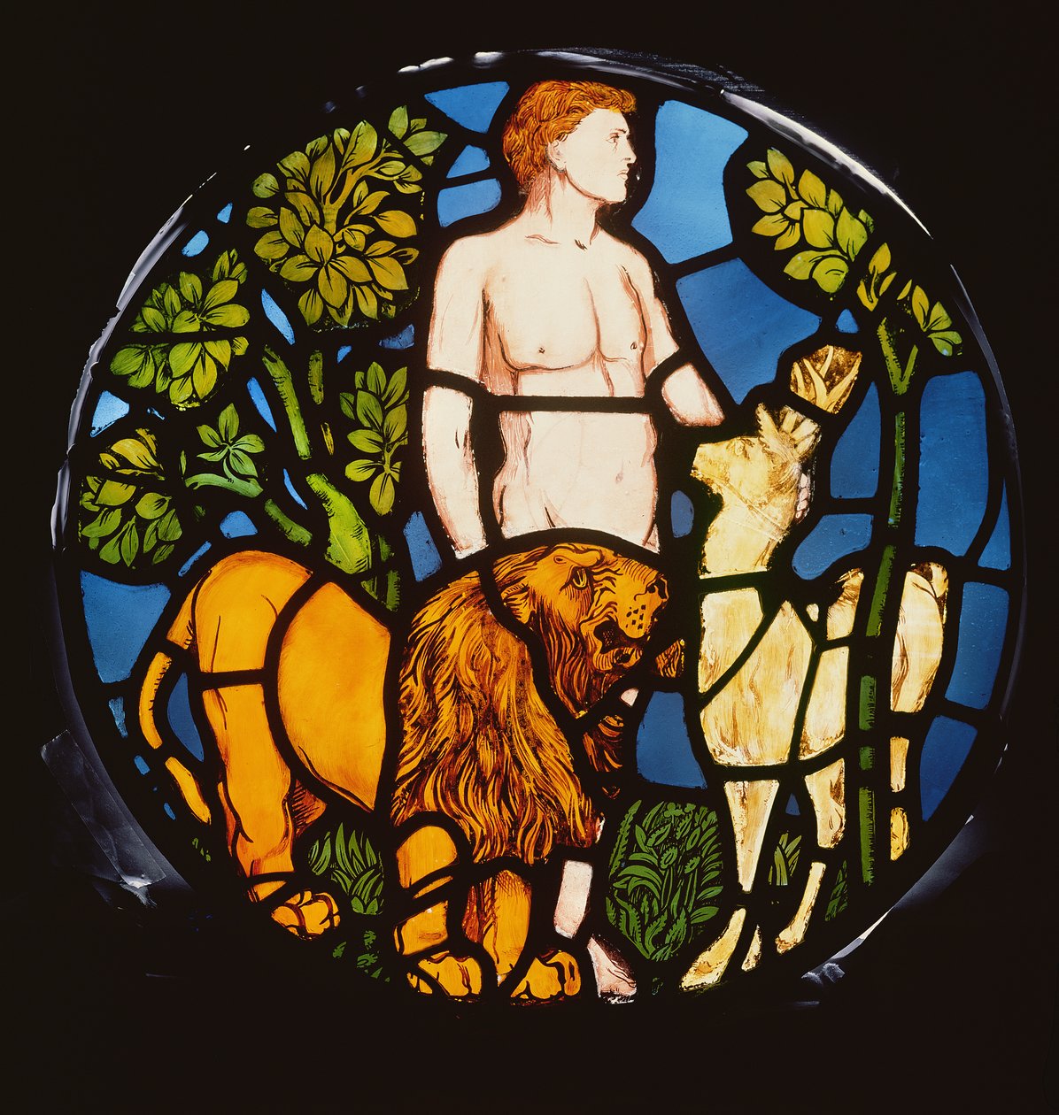 Adam Naming the Beasts, detalje fra skabelsesvinduet, 1861 farvede glasdetalje af 120153swed av Philip Webb