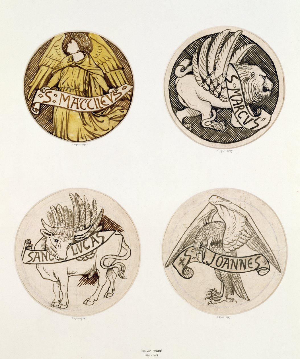 Evangelisternas symboler, mönster för målat glas (bläck på papper) av Philip Webb