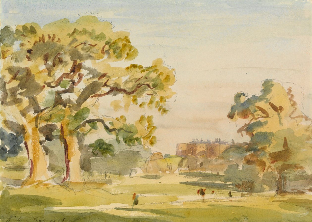 Utsikt över Chirk Castle, 1916 (grafit och wc på papper) av Philip Wilson Steer