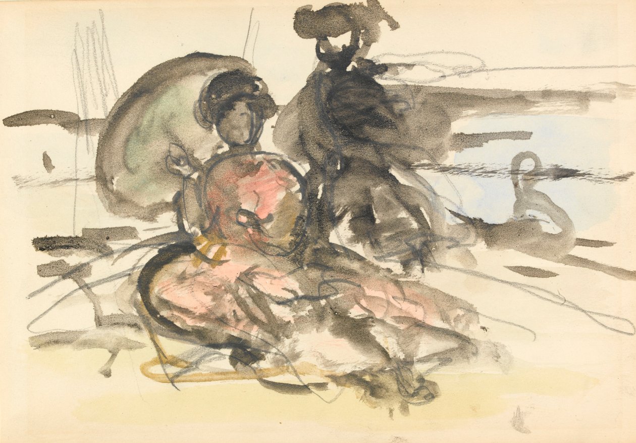 Figurstudie: två kvinnor sittande på en flodbank (grafit och wc på papper) av Philip Wilson Steer