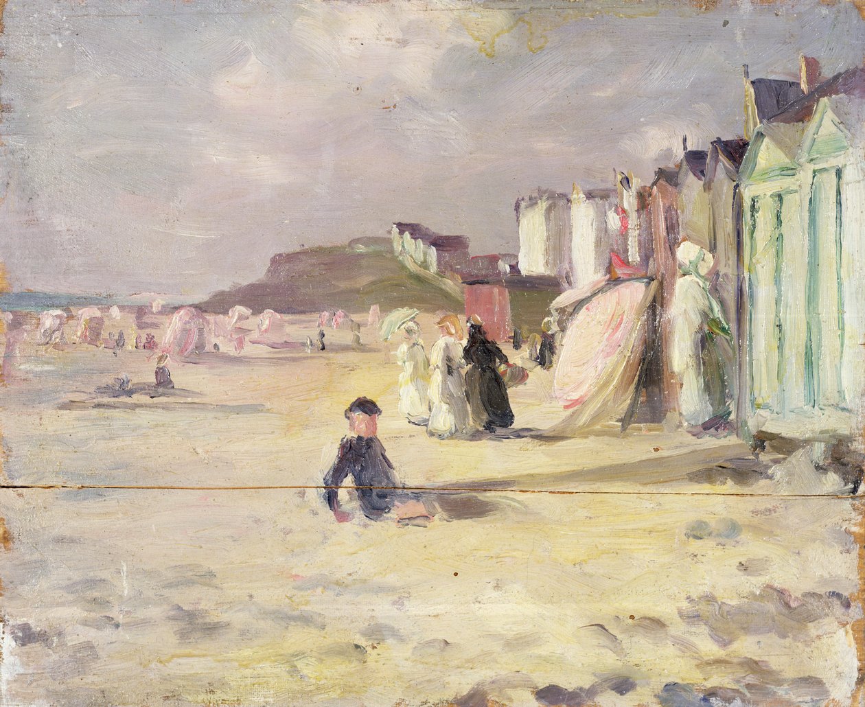 Figurer som går bredvid en rad strandhyddor (panel) av Philip Wilson Steer