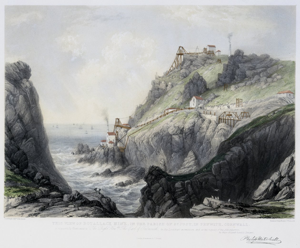 The View of Botallack Mine, i Parish of St. Just in Penwith, Cornwall, graverad av Thomas Picken (d.1870) 1840 (handfärgad litho) av Philip after Mitchell
