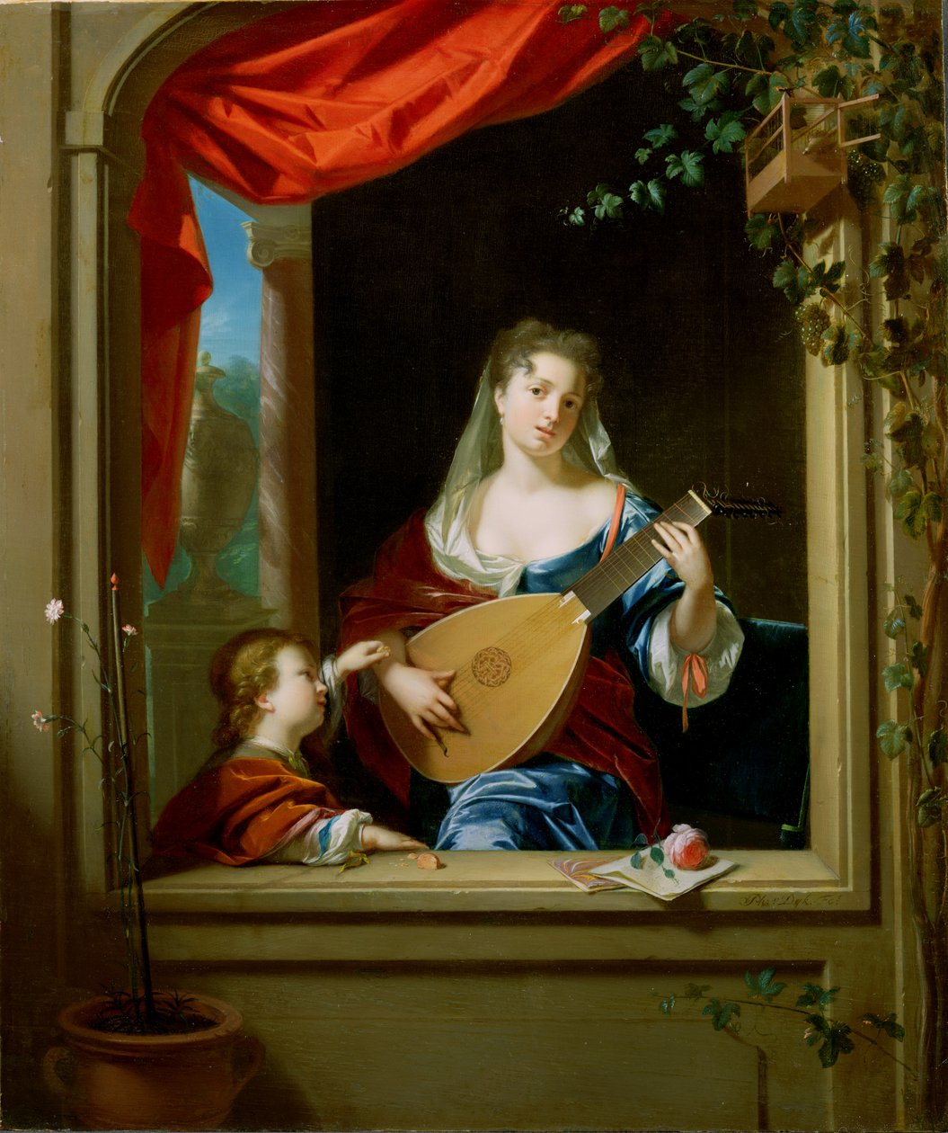 Elegant dam som spelar luta vid ett fönster (panel) av Philip van Dyck