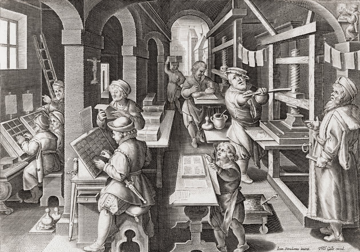 Ett europeiskt tryckeri cirka 1590 (gravyr) av Philip (after) Galle