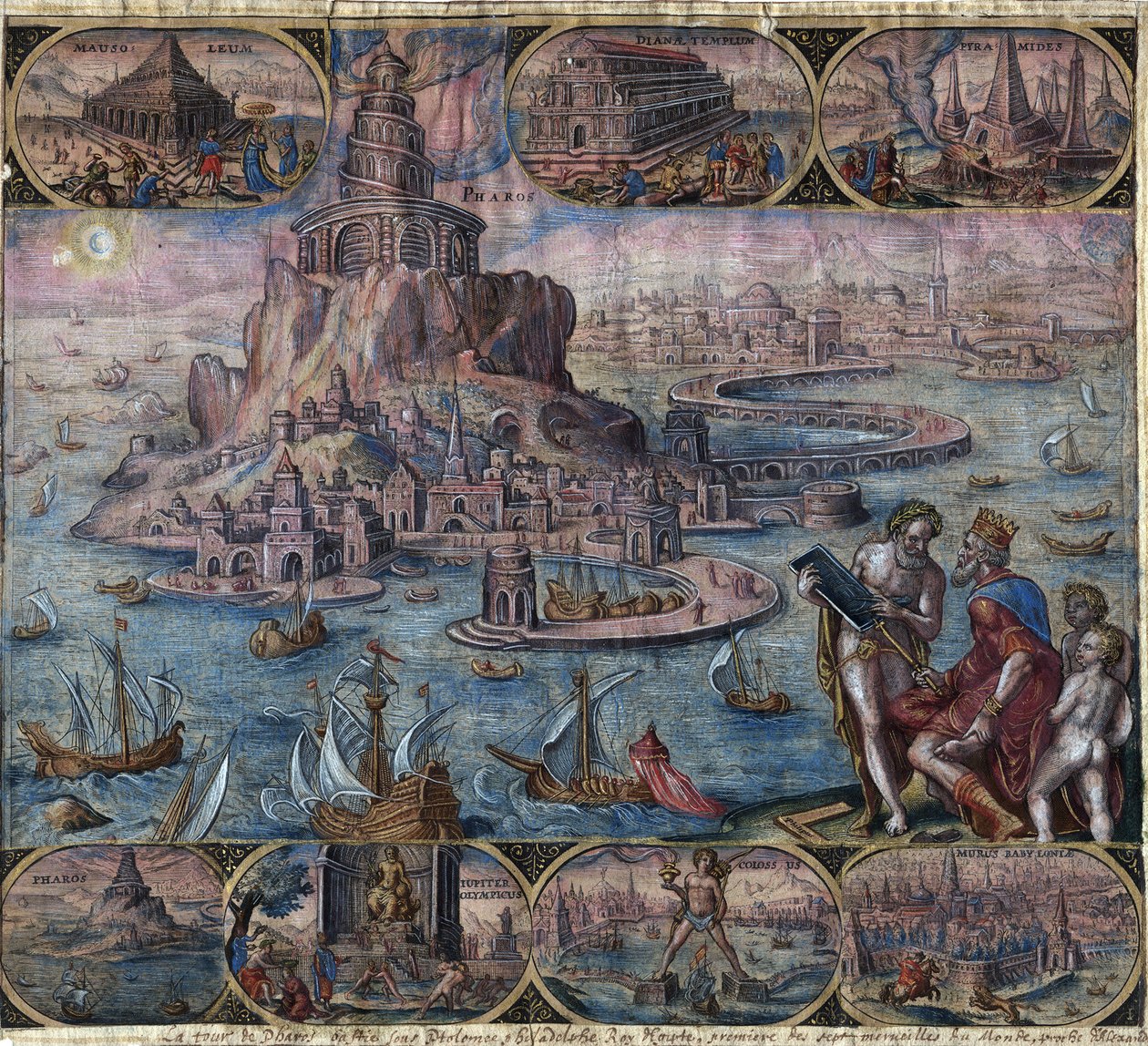 Representation av antikens sju underverk: Fyren i Alexandria (på Pharos Island) i Alexandria, Egypten - Fyren i Alexandria (från serien ""Världens åttonde underverk") Efter Maarten van Heemskerck - Galle, Philip ( 1537-16 av Philip (after) Galle