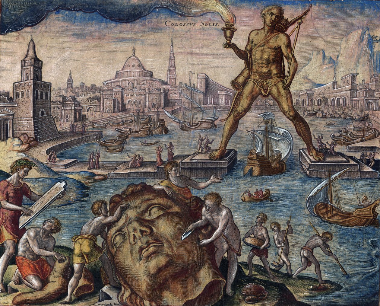 Sept merveilles du monde : ""Le colosse de Rhodes"" (Colosso di Rodi) - The Colossus of Rhodes (från serien ""Världens åttonde underverk") Efter Maarten van Heemskerck - Galle, Philipp (1537-1612) ) - 1572 - Etsning, akvarell - Bibliotheque muni av Philip (after) Galle