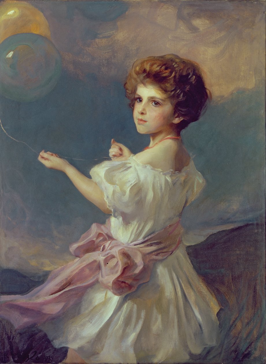 Flicka med ballonger (olja på duk) av Philip Alexius de Laszlo