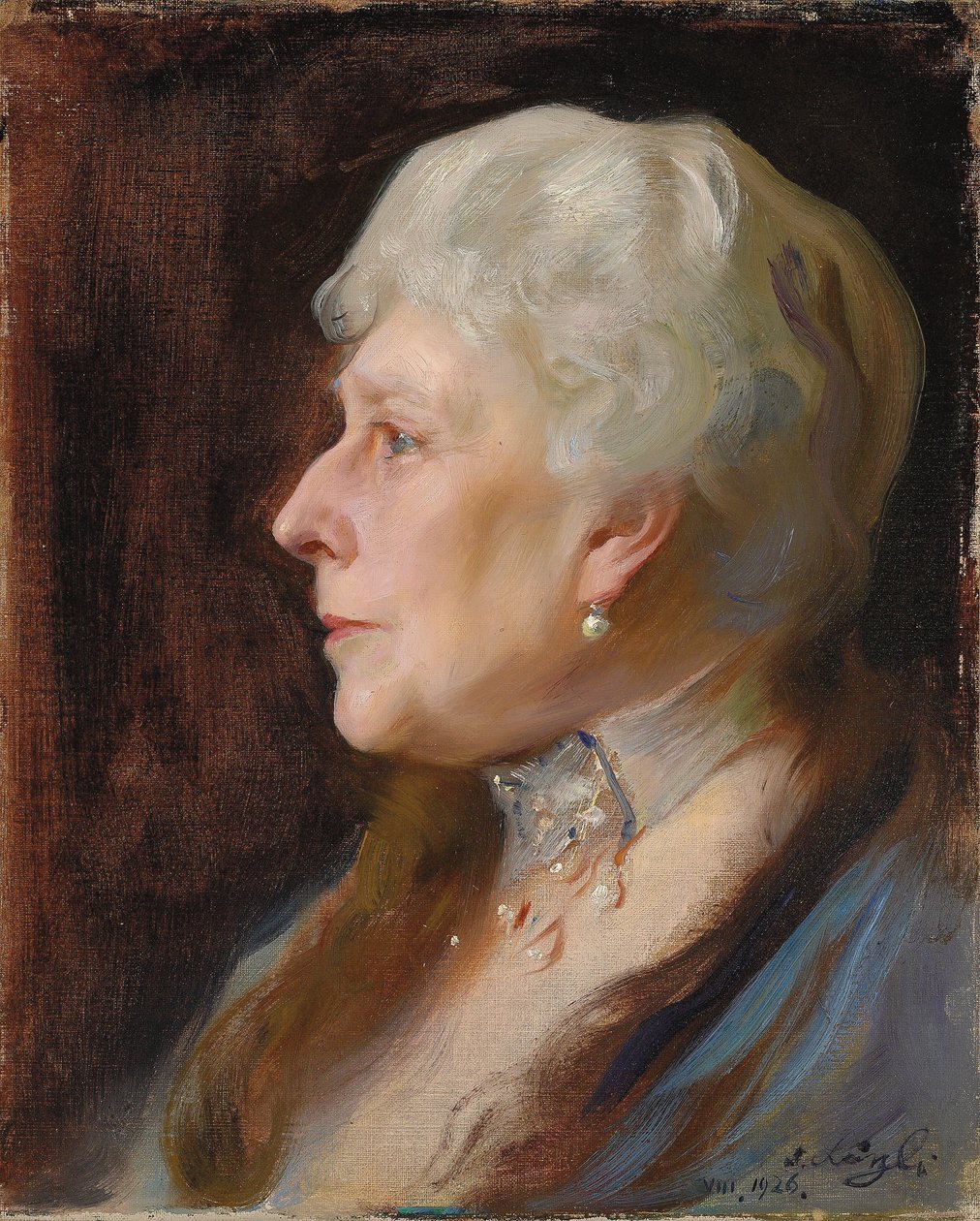 Porträtt av prinsessan Henrik av Battenberg, född prinsessan Beatrice av Storbritannien, i profil till vänster, iklädd choker och droppörhängen av Philip Alexius de Laszlo