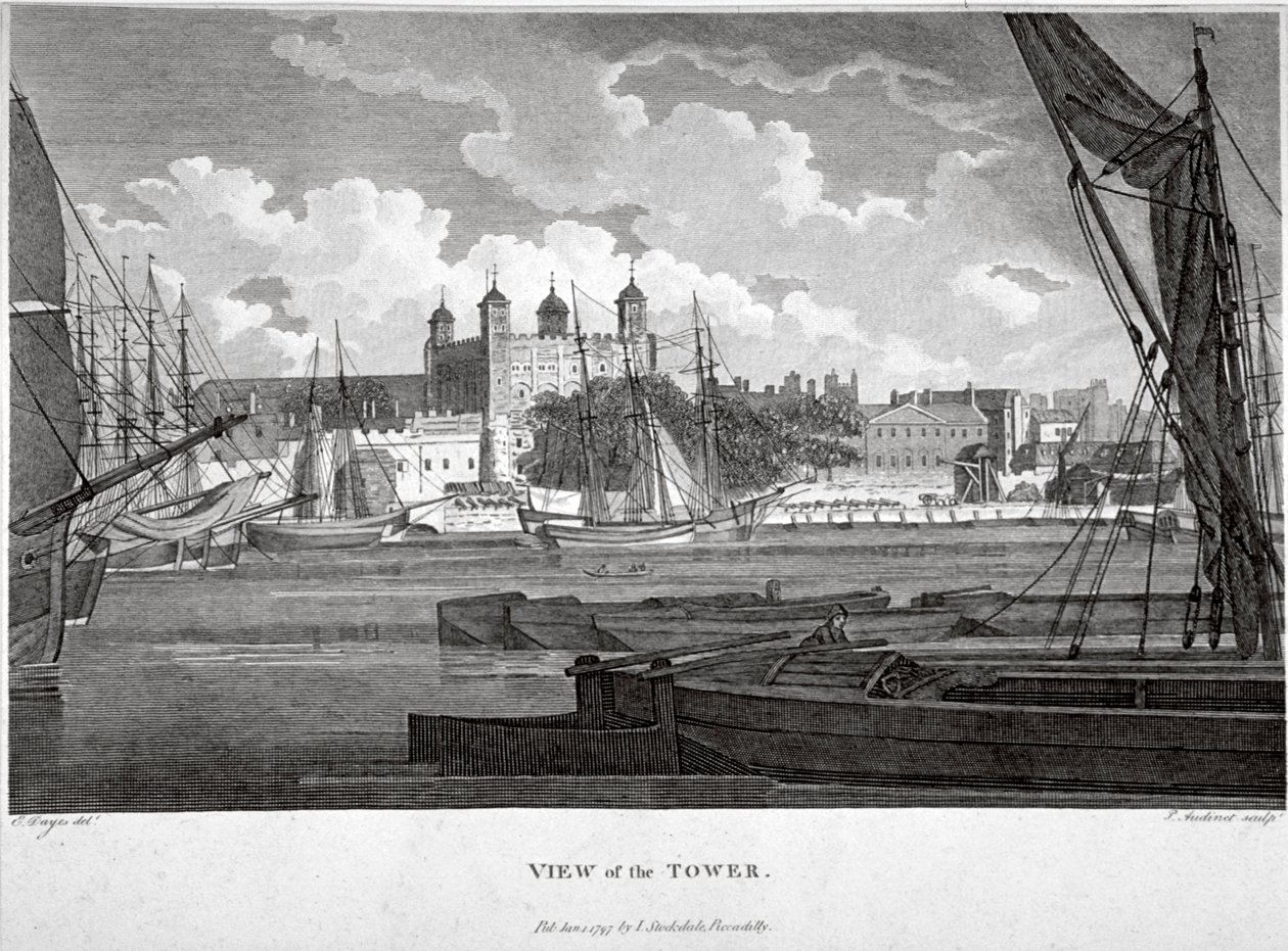 Utsikt över Tower of London med båtar på Themsen, c1790 av Philip Audinet