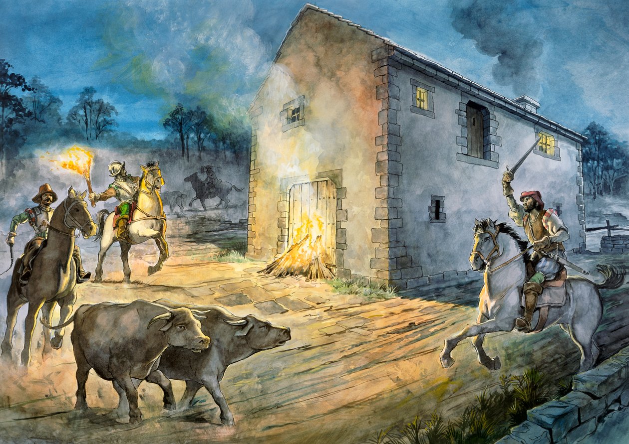 Reivers plundrar Birdoswald, 1500-talet, c1990-2010 av Philip Corke