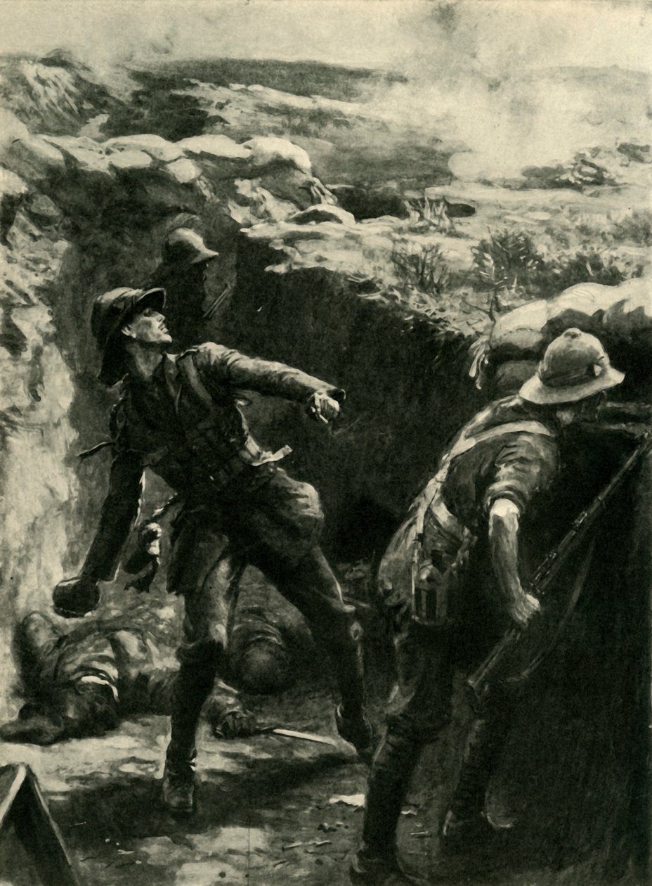 Löjtnant Forshaw kastar bomber kontinuerligt, Gallipoli, första världskriget, 1915, c1920. av Philip Dadd
