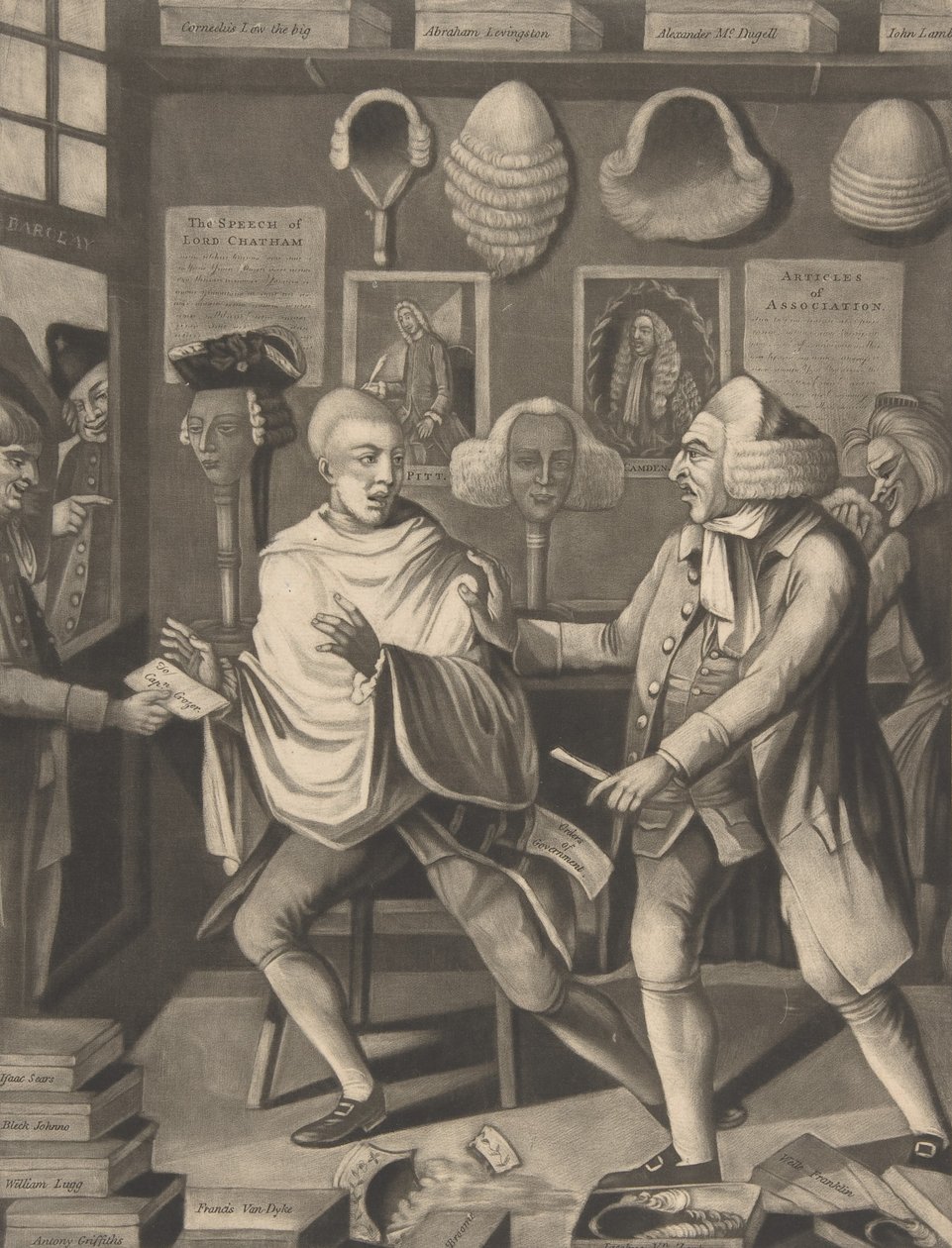 The Patriotick Barber of New York, or the Captain in the Suds, 14 februari 1775. av Philip Dawe.