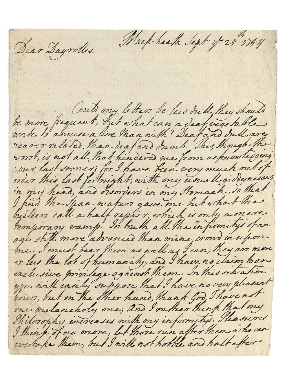 Autografbrev till Solomon Dayrolles, Blackheath, 25 september 1754 (penna och bläck på papper) av Philip Dormer Stanhope Chesterfield