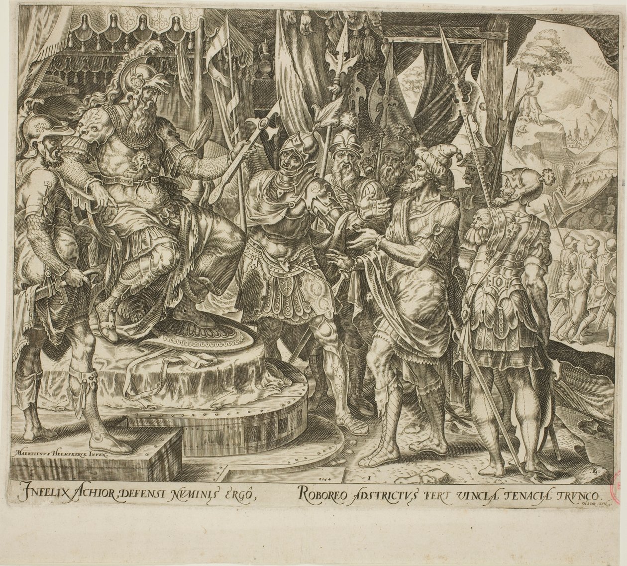 Achior vädjar till Holofernes för israeliterna, tavla ett från The Story of Judith and Holofernes av Philip Galle