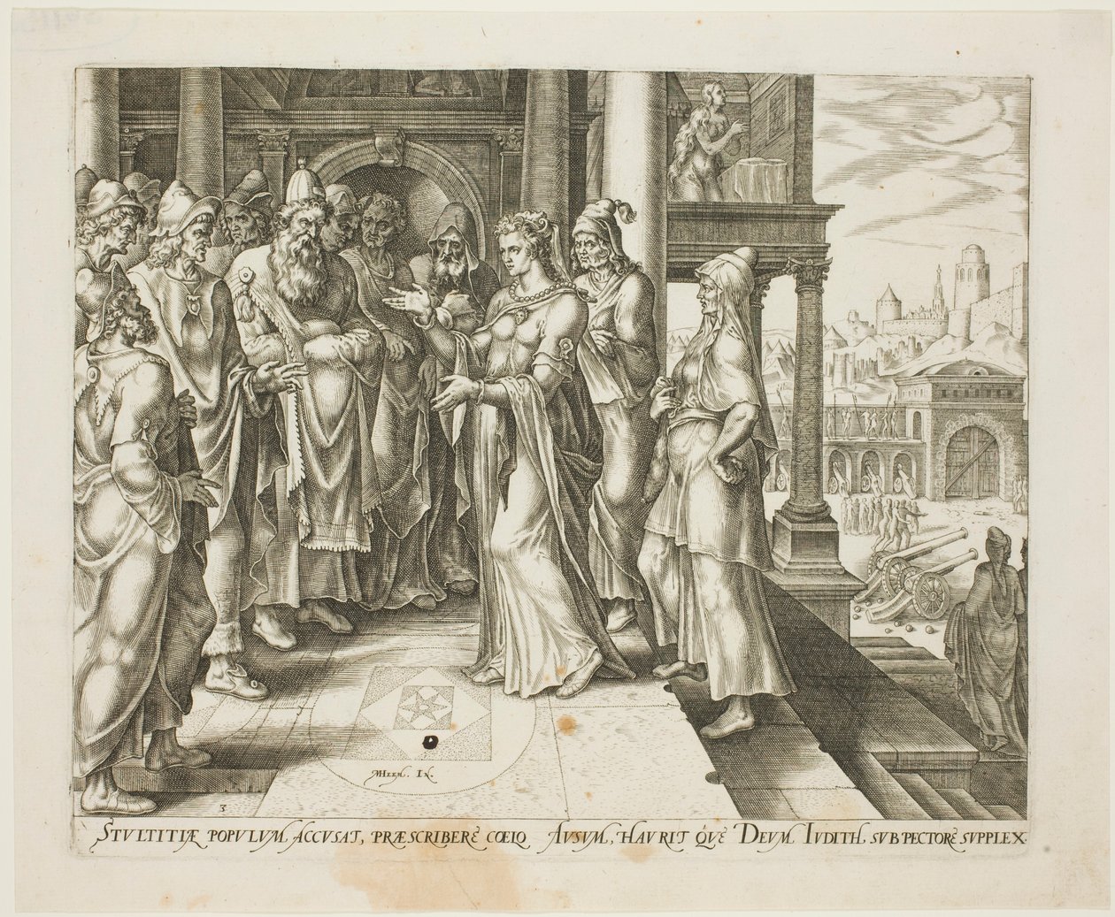 Judith tilltalar de äldste från Bethulia, tallrik tre från The Story of Judith and Holofernes av Philip Galle