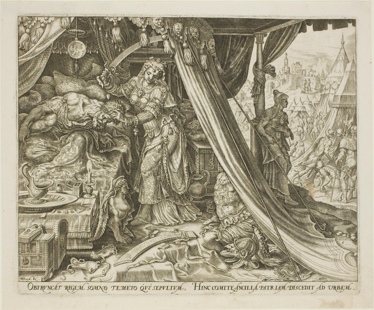 Judith Slaying Holofernes, tallrik sex från The Story of Judith and Holofernes av Philip Galle