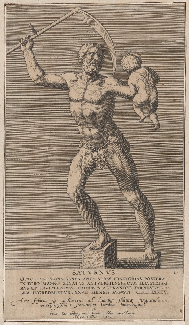 Plåt 1: Saturnus, staty av den nakna guden som står på en sokel och håller en lie på höger sida..., 1586. av Philip Galle