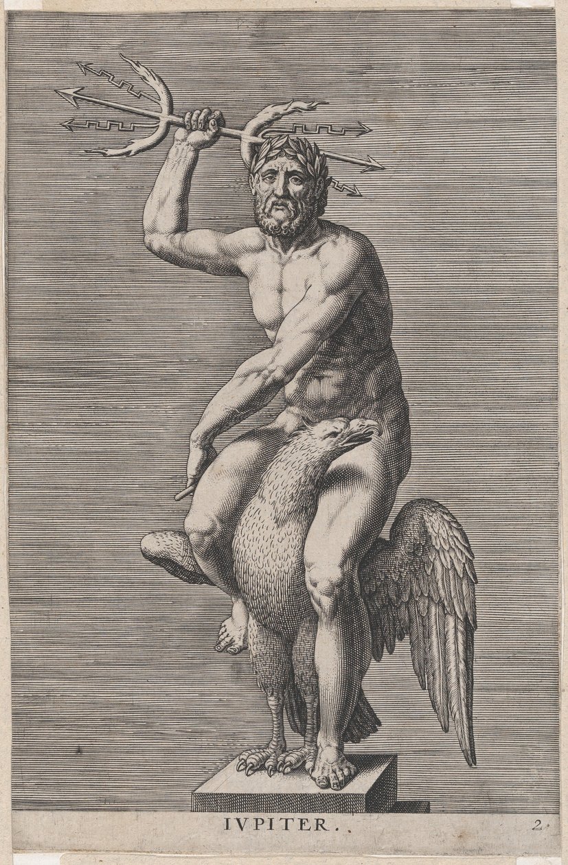 Tavla 2: Jupiter, staty av den nakenguden som sitter på en örn och håller i en dubbel treudd, från..., 1586. av Philip Galle