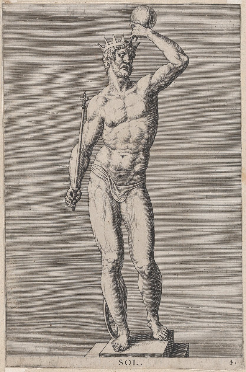 Plåt 4: Apollo, staty av den nakna guden som står på en sockel, bär en krona och håller en..., 1586. av Philip Galle
