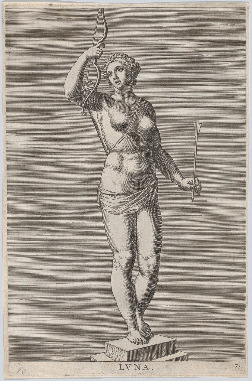Plåt 7: Diana, staty av den nakna gudinnan som står på en socle, bär en halvmåne i..., 1586. av Philip Galle