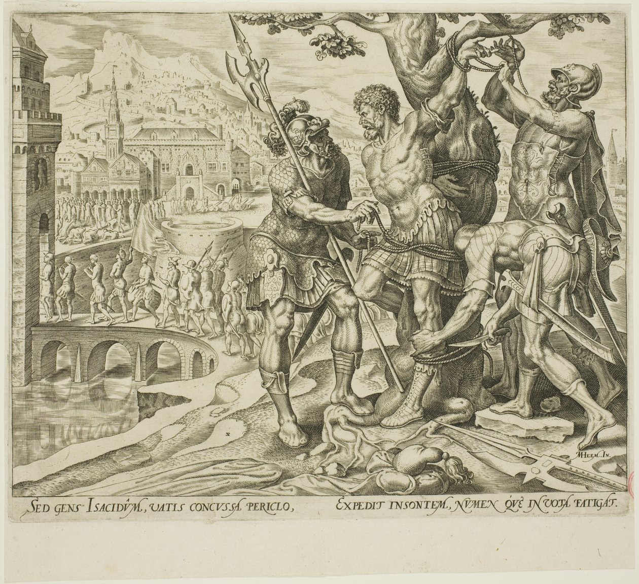 Israeliterna hittar Achior bunden till ett träd, tallrik två från The Story of Judith and Holofernes av Philip Galle