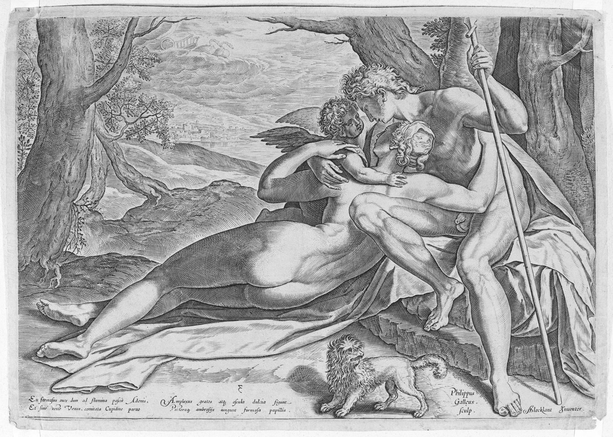 Venus och Adonis, från serien The Story of Adonis, ca. 1579., ca. 1579. av Philip Galle