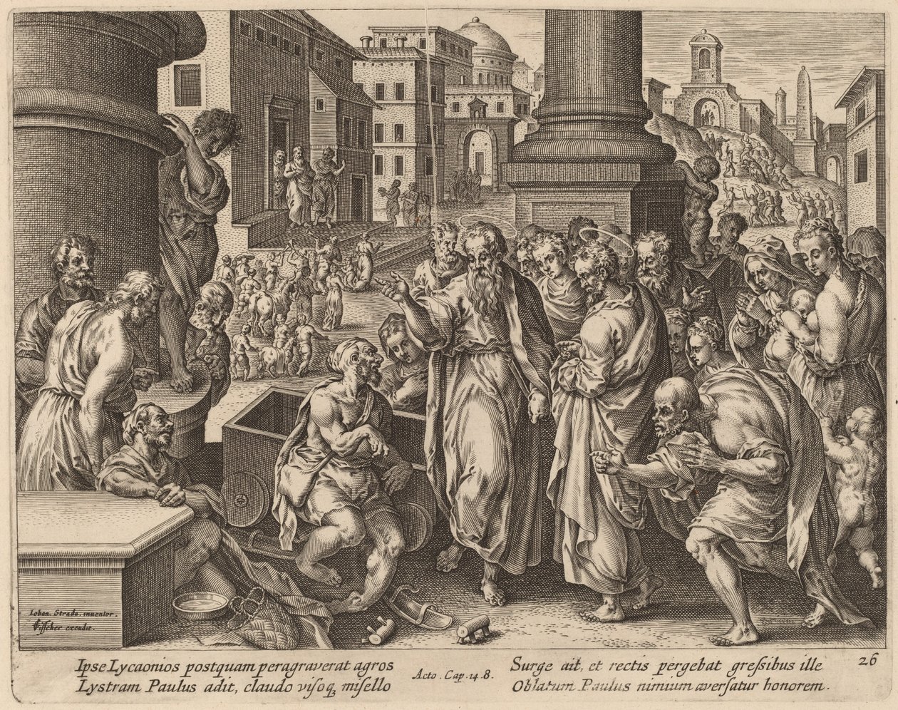 Sankt Paulus botar den lame mannen i Lystra av Philip Galle after Jan van der Straet
