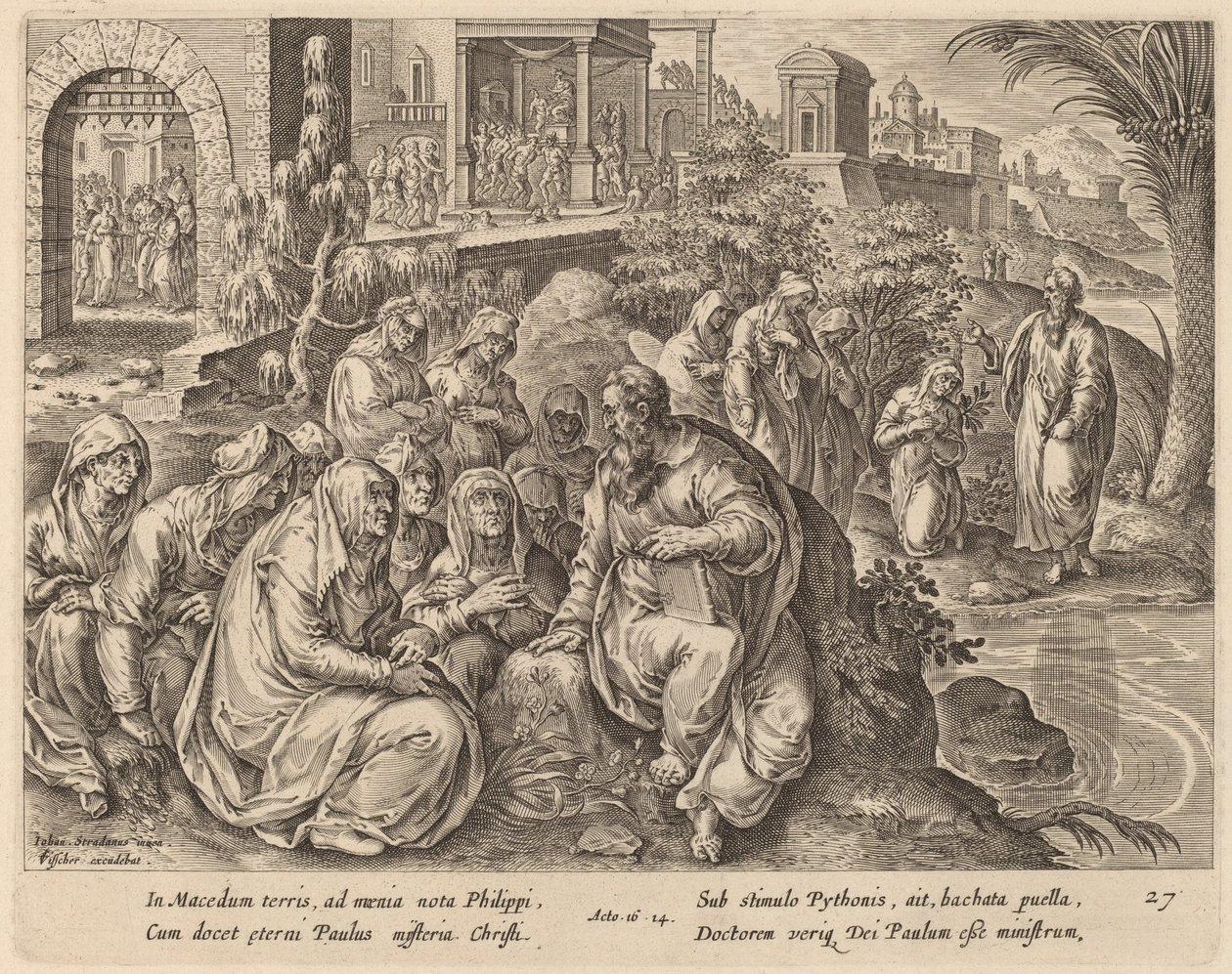 Saint Paul talar till kvinnorna i Filippi vid en flod av Philip Galle after Jan van der Straet